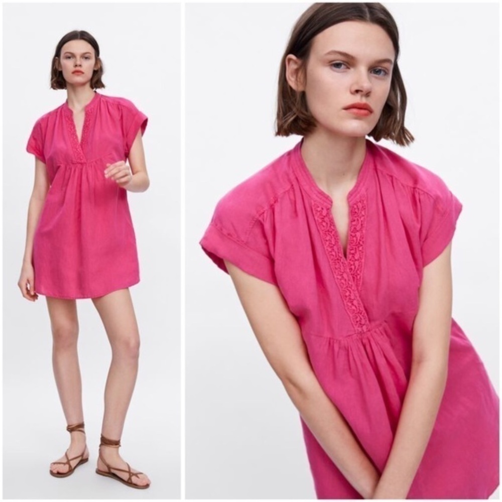 Zara Pink Linen Blend Short Sleeve Dress in Size Small